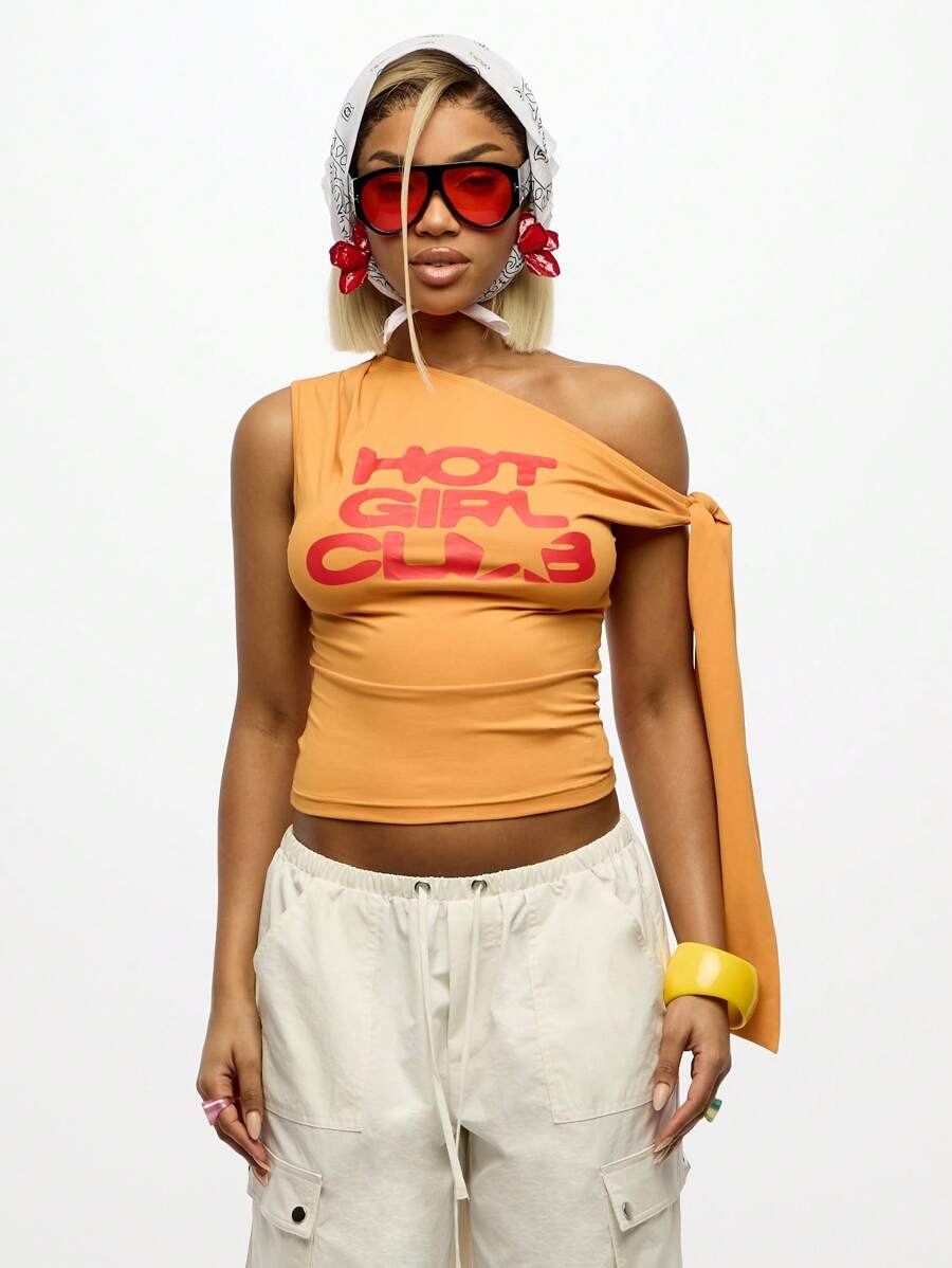 SUMWON WOMEN 俱乐部不对称肩带细节短款上衣夏季节日派对俱乐部舞蹈表演休闲街头服饰 Y2K 时尚宣言上衣 - 黃色 - 查看 1