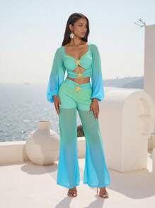 BY FELIZIA 蓝绿渐变印花网纱泡泡袖长袖金色海星褶皱镂空短款度假上衣女上衣 - 彩色 - 查看 8