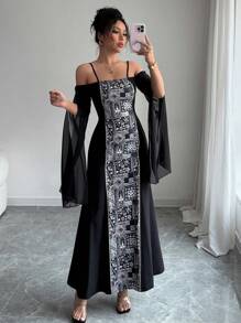 Chiquease 女士优雅仿刺绣露肩雪纺喇叭下摆连衣裙 - 黑色 - 查看 1