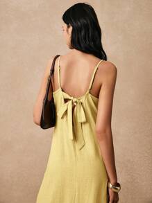 Poéselle 女士露背蝴蝶结吊带连衣裙，宽松亚麻连衣裙，舒适休闲海滩度假连衣裙 - 黃色 - 查看 2