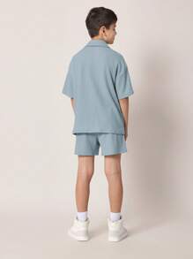 SUMWON Kids Textured Waffle Knit Polo Co-Ord Set Summer Beach Holiday Short Sleeve Athletic Sport Wear Leisure Outfit - Baby Blue - View 2