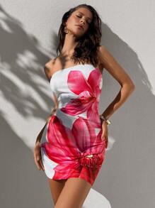 Firerie Vestido corto de talla grande con estampado floral posicionado, elegante y sexy para vacaciones en la playa. Vestido con estampado floral apto para festivales de música y ocasiones formales. Vestido con estampado floral rosa, vestido de oficina con estampado floral