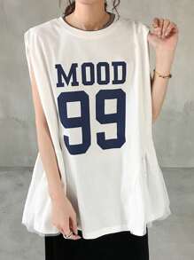 FRIFUL 女士字母印花拼色荷叶边下摆网眼拼接圆领无袖休闲夏季街头背心 - 白色 - 查看 3