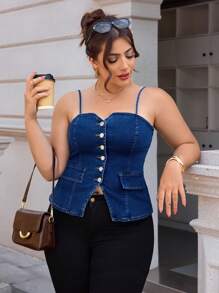 SHEIN Essnce Blusa de mezclilla con botones frontales y tirantes para tallas grandes, de estilo casual de verano
