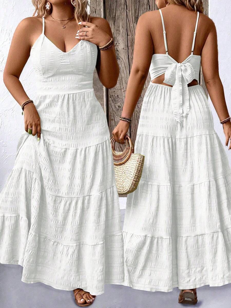 SHEIN Holidaya Plus Size Solid Color Ruffle Hemline Backless Spaghetti Strap Sleeveless Dress For New Year Clothes, For Thanksgiving Maxi Women Outfit - White - View 1