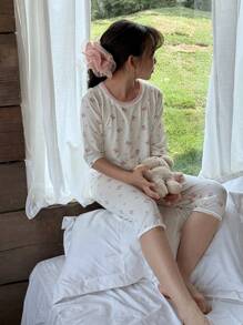 DAZY 2pcs/Set Tween Girls Cartoon Bear Print Short Sleeve Top And Pants Pajama Set,Girls Summer Outfits,Back To School Clothes