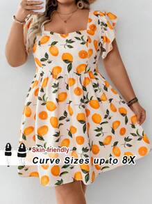 SHEIN CURVE+ 大码女式柠檬水果印花甜心领泡泡袖 A 字迷你连衣裙，夏季波西米亚风度假风格