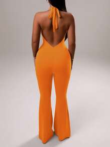 Zolique Women's V-Neck Ruffled Trim Sleeveless Slim Elegant Coffee Jumpsuit - Orange - View 2