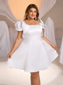 SHEIN Belle Plus Size Simple Short A-Line Waist-Cinching Charming Bowknot Decor Square Collar Ruffle Sleeve White Wedding/Occasion Dress, Bride - White - View 3