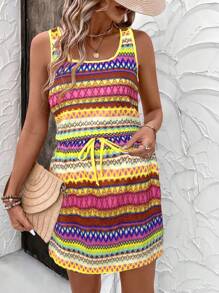 EMERY ROSE Vestido casual de vacaciones sin mangas para mujeres, con cuello cuadrado o en forma de U, cordón ajustable en la cintura, tejido de tela con textura a rayas de colores
