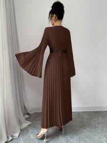 Elenzga Women's Elegant Textured Fabric Pleated Bell Sleeve Beaded Waist A-Line Dress, Red, Spring/Autumn Fall Cloth For Women