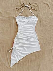 Soleia Vestido mini con escote halter, fruncido y estampado floral, para vacaciones de estilo informal