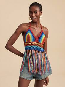 Travachic Women's Vacation Tassel Hem Halter Neck Rainbow Striped Cover-Up Top,Crochet Tops,Summer For Women,Beachwear,Easter,Beach For Woman,Spring Break,Vacation Women,Concert Women,BOHO,Bohemia,Music Festival,Tropical Vacation Woman - Multicolor - View 5