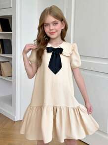 SHEIN Nova Glow Tween 女童可爱休闲泡泡袖彼得潘领拼接连衣裙，领口饰有蝴蝶结 - 杏色 - 查看 5