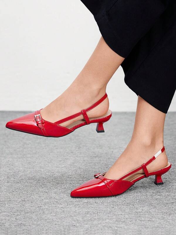 CUCCOO BIZCHIC Women's Pointed Toe Kitten Heel Red Backstrap Comfortable Versatile Commute & Casual Flat Slip-On Shoes
