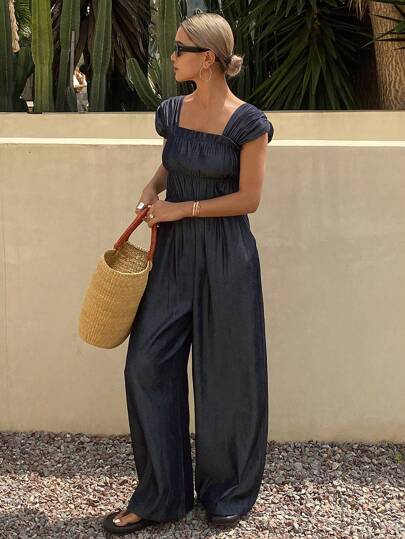 DAZY Dam casual fyrkantig krage ärmlös rynkad urban gatustil denim jumpsuit och haklappbyxor, sommarsemester