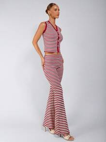 COSMINA 2 件套女士条纹单排扣背心和喇叭裤休闲装