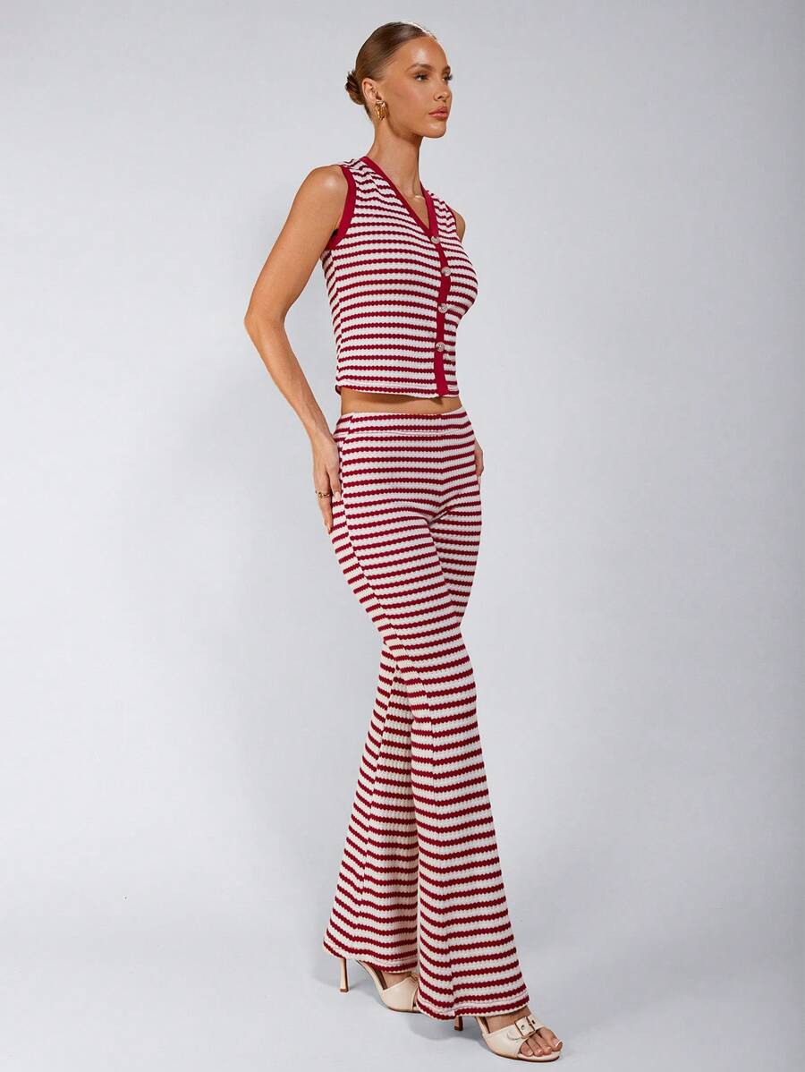 COSMINA 2 件套女士条纹单排扣背心和喇叭裤休闲装
