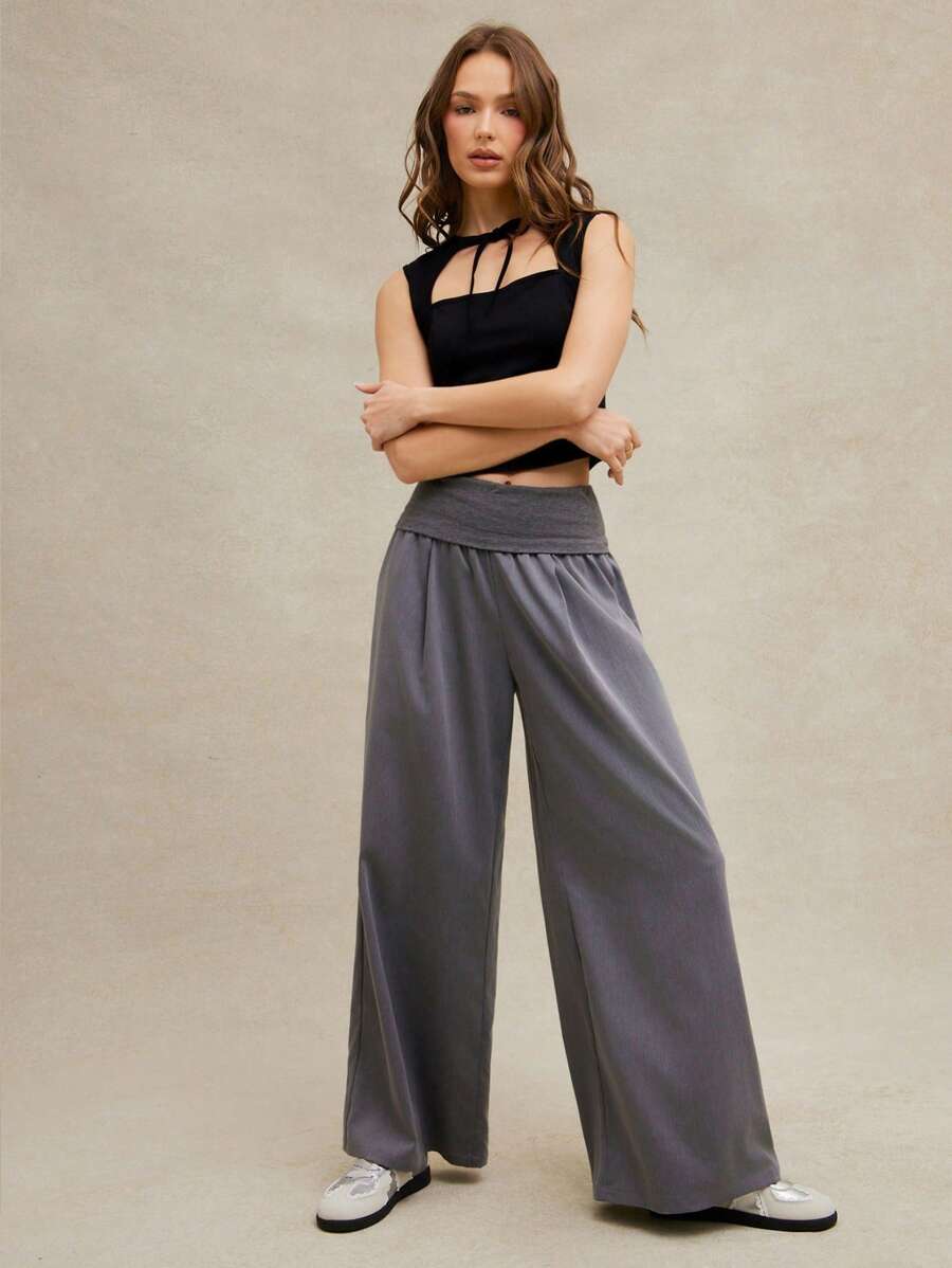 WESTFADE 西部混合面料针织与编织高腰翻领宽松百褶阔腿裤春假夏季海滩度假 - 灰色 - 查看 1