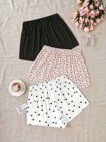 3pcs Plus Size Sleep Shorts Set With Elastic Waistline Car Logo Print Design