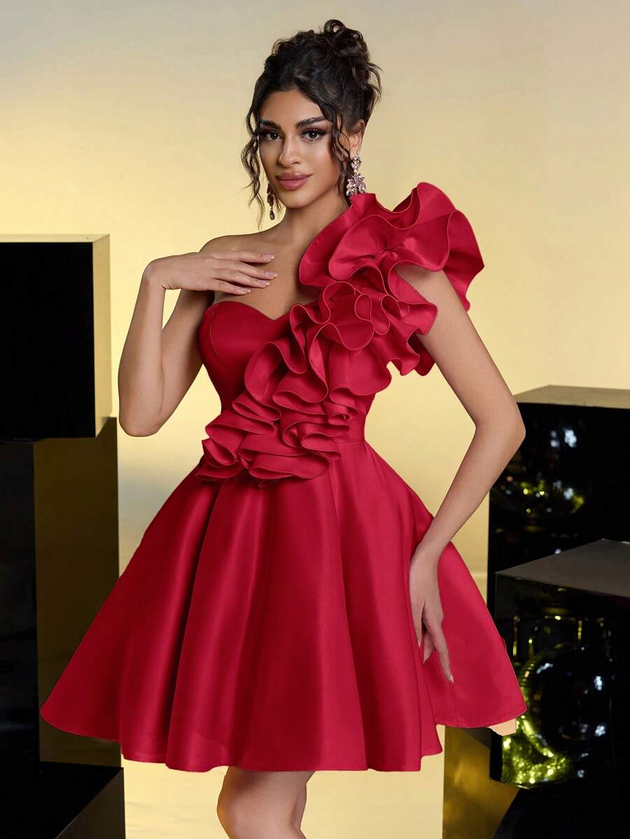 Lovelzi 优雅浪漫多层荷叶边装饰不对称领口喇叭腰派对及正式长裙、婚礼宾客礼服、鸡尾酒会礼服 - 紅色 - 查看 1