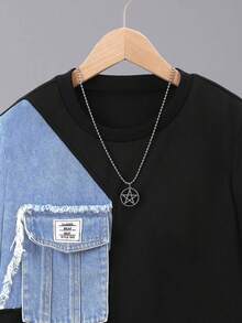 SHEIN 2pcs/Set Tween Boys Denim Patchwork Hoodie And Sweatpants, Fashion Street Style Denim Patchwork Outfit Fall Winter - Multicolor - View 3