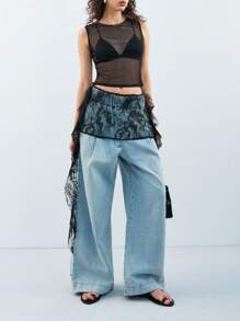 LYSMO 女士时尚透明蕾丝分层半身裙 - 黑色 - 查看 6