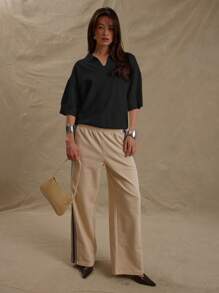 MUSERA Knit Boxy Fit V Collared Elbow Length Sleeve Baggy T-Shirt Street Style Oversized Tee Airport Holiday Fall Back To School Autumn  Elegant - Black - View 5