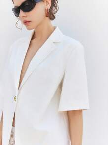 LYSMO Women Solid Color Lapel Neck Half Sleeve Single-Button Loose Casual Blouse - White - View 3