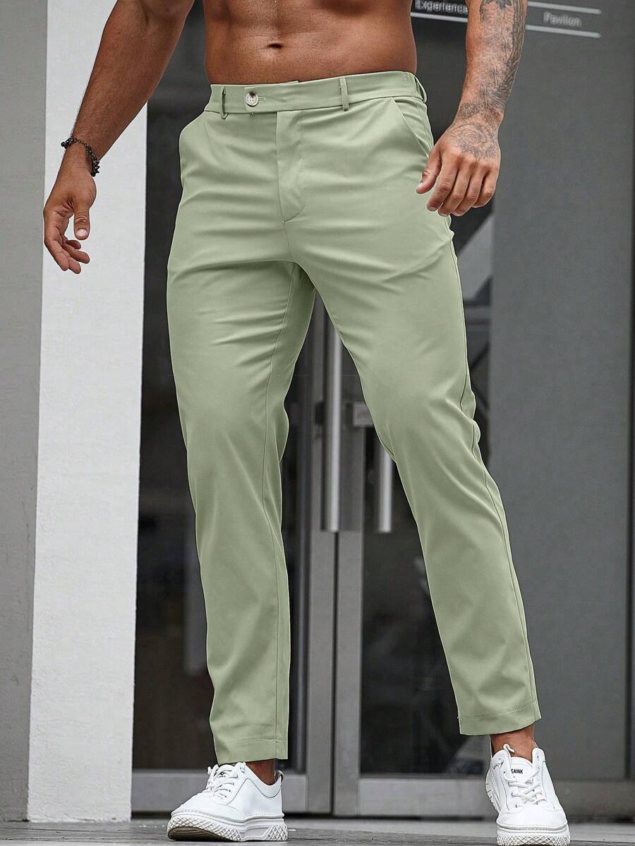 Manfinity Homme Men's Casual Solid Color Slanted Pocket Suit Pants - Green - View 1