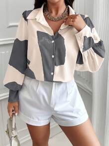 Calvaya Camicia elegante con maniche lunghe, stampa casuale, bottoni davanti, disponibile in taglie forti