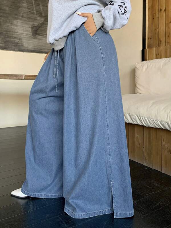 Dazy Plus Solid Washed Blue Extra Loose Wide Leg Tie-Waist Elastic Waist Denim Palazzo Pants