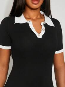 SHEIN SXY Nuevo vestido de suéter ajustado y sexy de primavera/verano para mujer con cuello alto, bloqueo de color acanalado, cintura ceñida y silueta adherente - Blanco y Negro - Ver 8