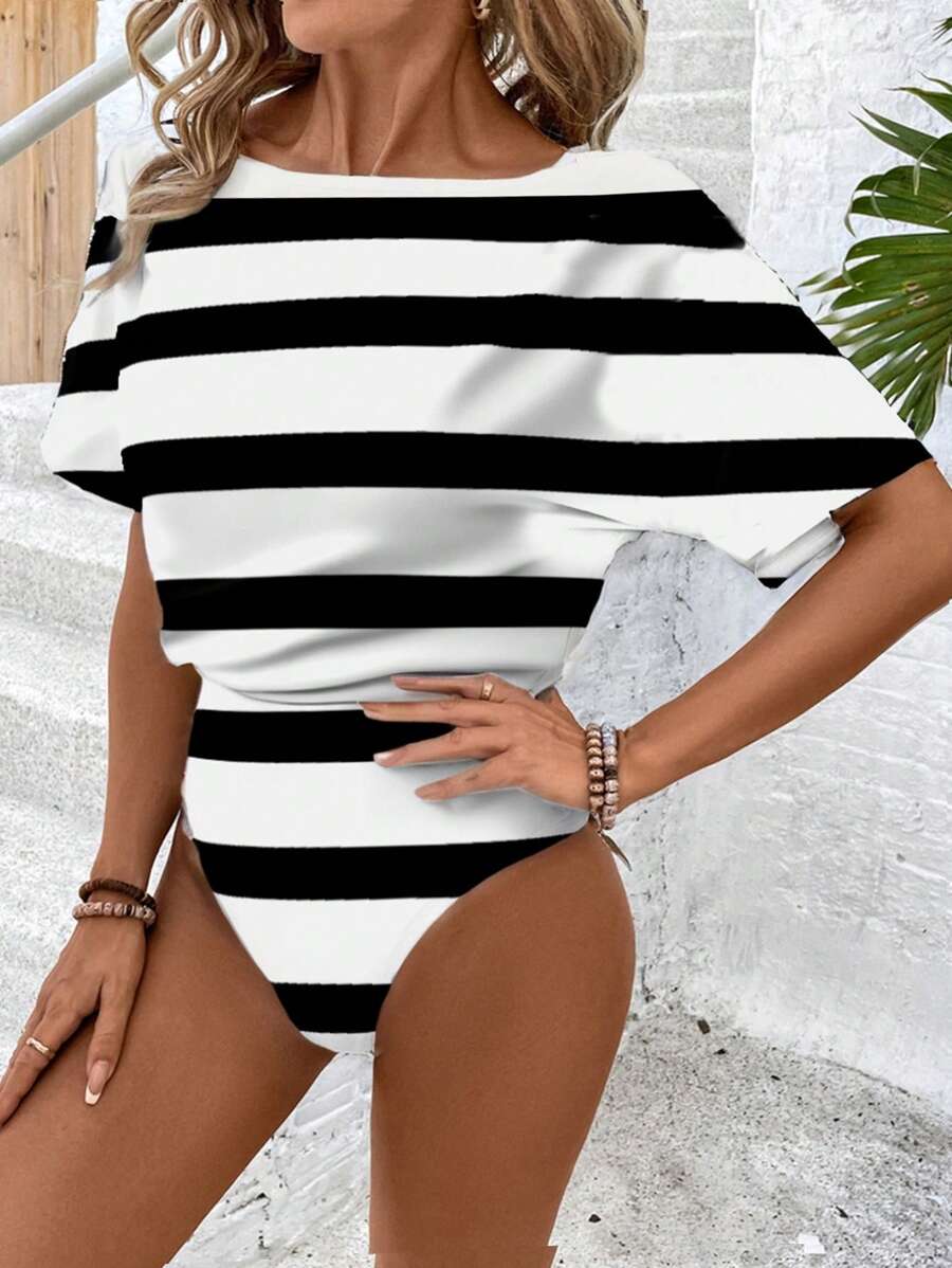 SHEIN LUNE Printed Bodysuit For Women, Suitable For Vacation, Summer Vacation Black And White Striped Casual - Black and White - View 1