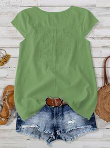 SHEIN LUNE CURVE 大码女式黑色花卉刺绣圆领盖袖休闲/度假上衣 - 綠色 - 查看 2