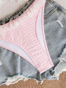 Swim Mod Bikini Set Contrast Lace Textured, Pink Girly Series Contrast Lace Trim For Summer Beach Vacation - Pink - View 8