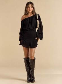 SHEIN BAE 纯黑色雪纺不对称不对称领口宽松灯笼袖短款迷你连衣裙女，节日雪纺连衣裙