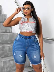 SHEIN SXY Plus Size Women's Summer Pockets Distressed Elastic Waist Denim Biker Pants