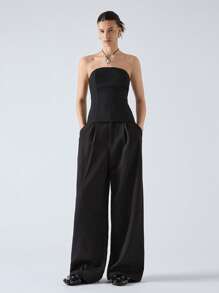 LYSMO Conjunto casual de top bandeau y pantalones de color liso para mujer - Negro - Ver 1