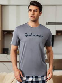 Manfinity Underwear&Sleepwear Basics Parte superior de pijama de cuello redondo con estampado de letra para hombres, conjunto de ropa de casa de verano