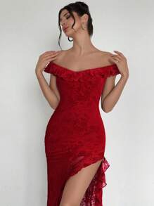 Firerie Đầm dài lưới phủ nhung hở vai thanh lịch và lãng mạn tối giản cho nữ, thích hợp cho ngày lễ tình nhân, hẹn hò, tiệc tùng, kỳ nghỉ - Màu Đỏ Sâu - Xem 6