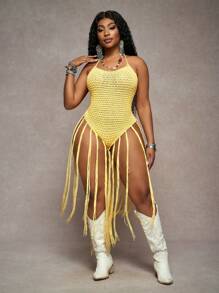 Slaydiva 大码紧身纯黄色长款度假针织流苏吊带连衣裙，春夏 - 黃色 - 查看 6