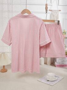 Set de 2 piezas con top de manga corta y shorts en estampado a cuadros de burbujas rosas, de estilo casual y elegante para mujer