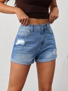 SHEIN Tall Women's Distressed Denim Shorts, Casual Form-Fitting, Blue High Waisted Shorts  Women Summer Outfits Summer Outfits For Women Summer Shorts Women Shorts High Waisted Shorts Tall Women Clothes Tall Women Jorts Women Shorts Jeans Shorts