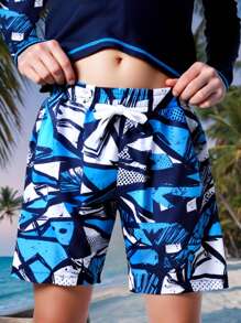 SHEIN Teen Boys Fashion Print Rash Guard, Long Sleeve Surfing Swimsuit