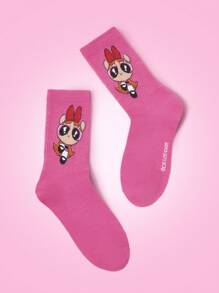 THE POWERPUFF GIRLS X SHEIN 1 Pasang Kaos Kaki Wanita Motif Bunga Kartun Lucu - Hot Pink - View 2