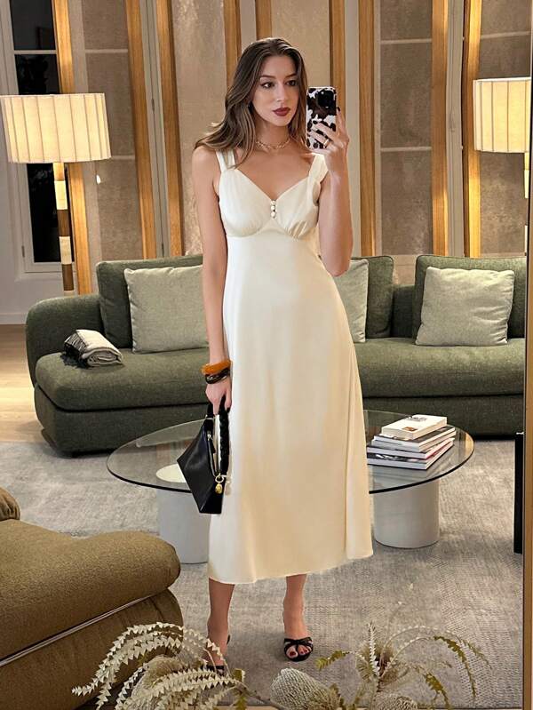 Pariaura Satin V-Neck Low-Cut Strap Dress For Formal Event