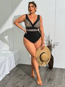 Swim Lushoire Plus Size All-In-One Style Geometryczny Wzór Resort Wakacje Jednoczęściowy Kostium Kąpielowy - Wielokolorowe - Zobacz 5