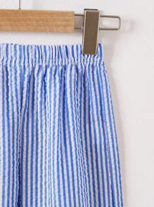 SHEIN Bộ 2 món/bộ áo sơ mi không tay và quần dài kẻ sọc trang trí nơ cho bé gái - Màu xanh lam - Xem 6