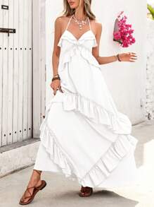 SHEIN VCAY Women's Solid Color Ruffle Backless Maxi Vacation Dress - White - View 2